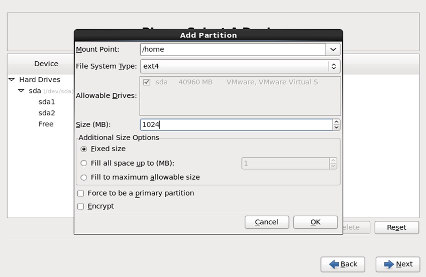red hat installation add home partition