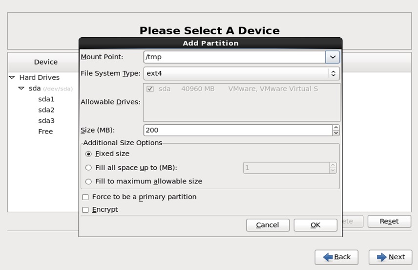 red hat installation add tmp partition