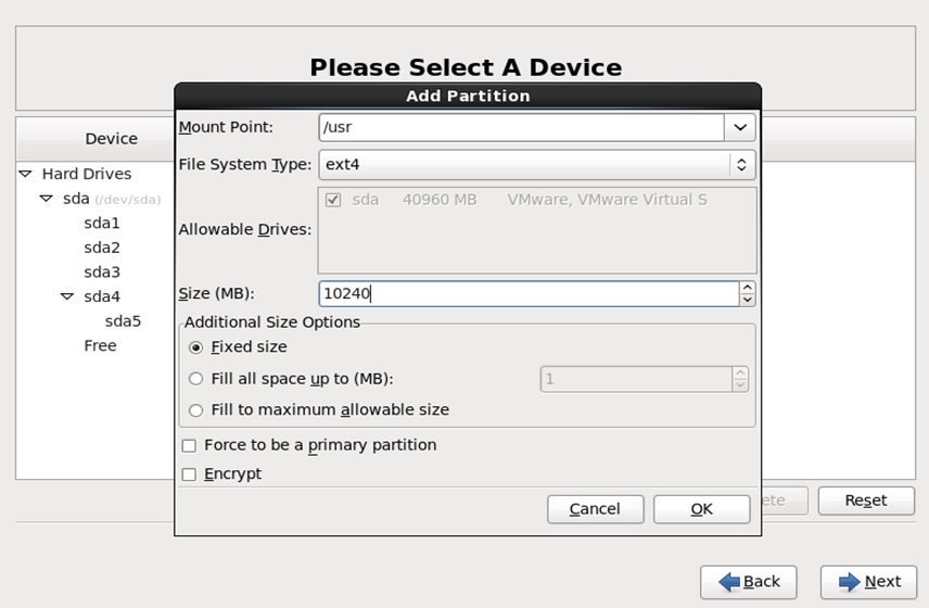 red hat installation add usr partition