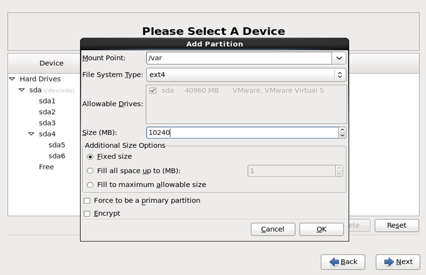 red hat installation add var partition