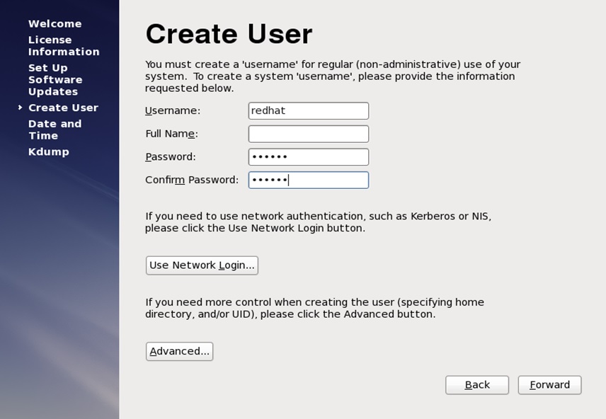 red hat installation create user