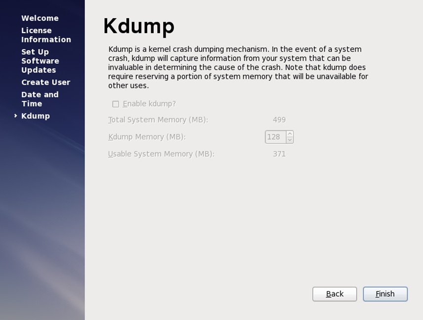 red hat installation kdump finish