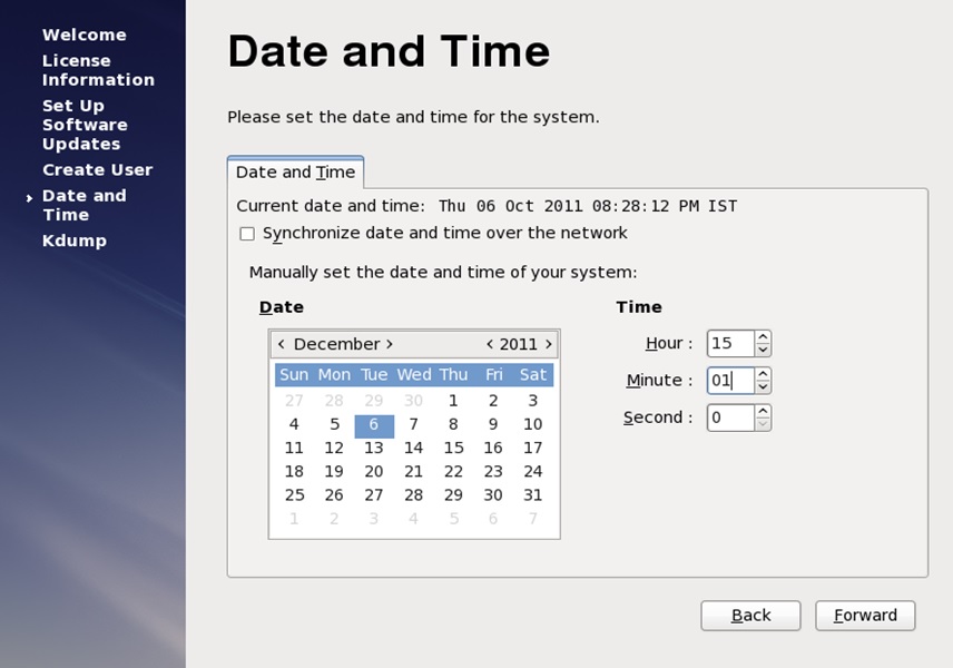 red hat installation select date and time