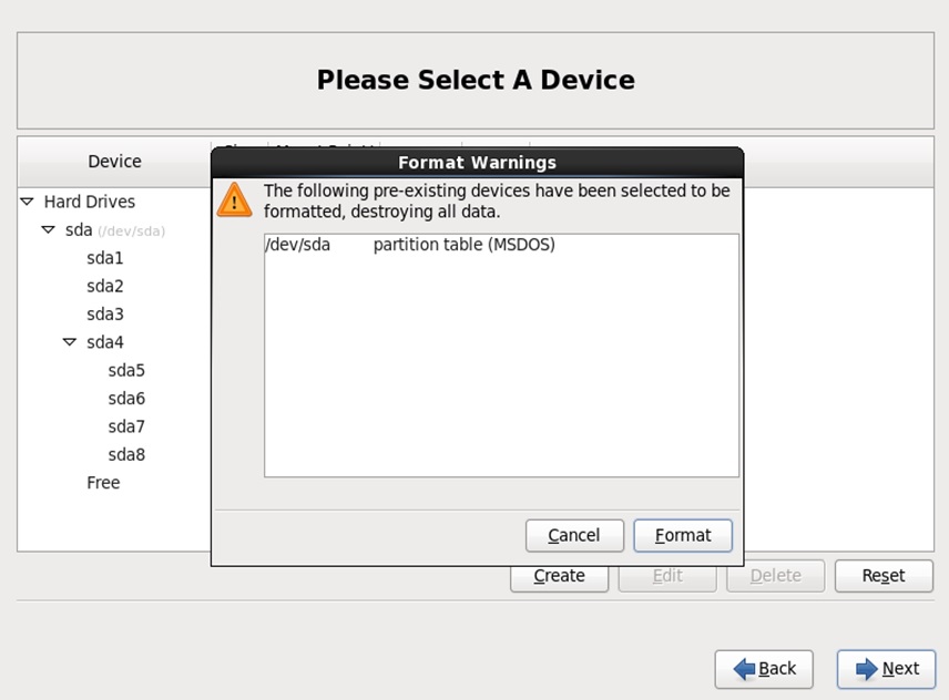 red hat installation select device to format